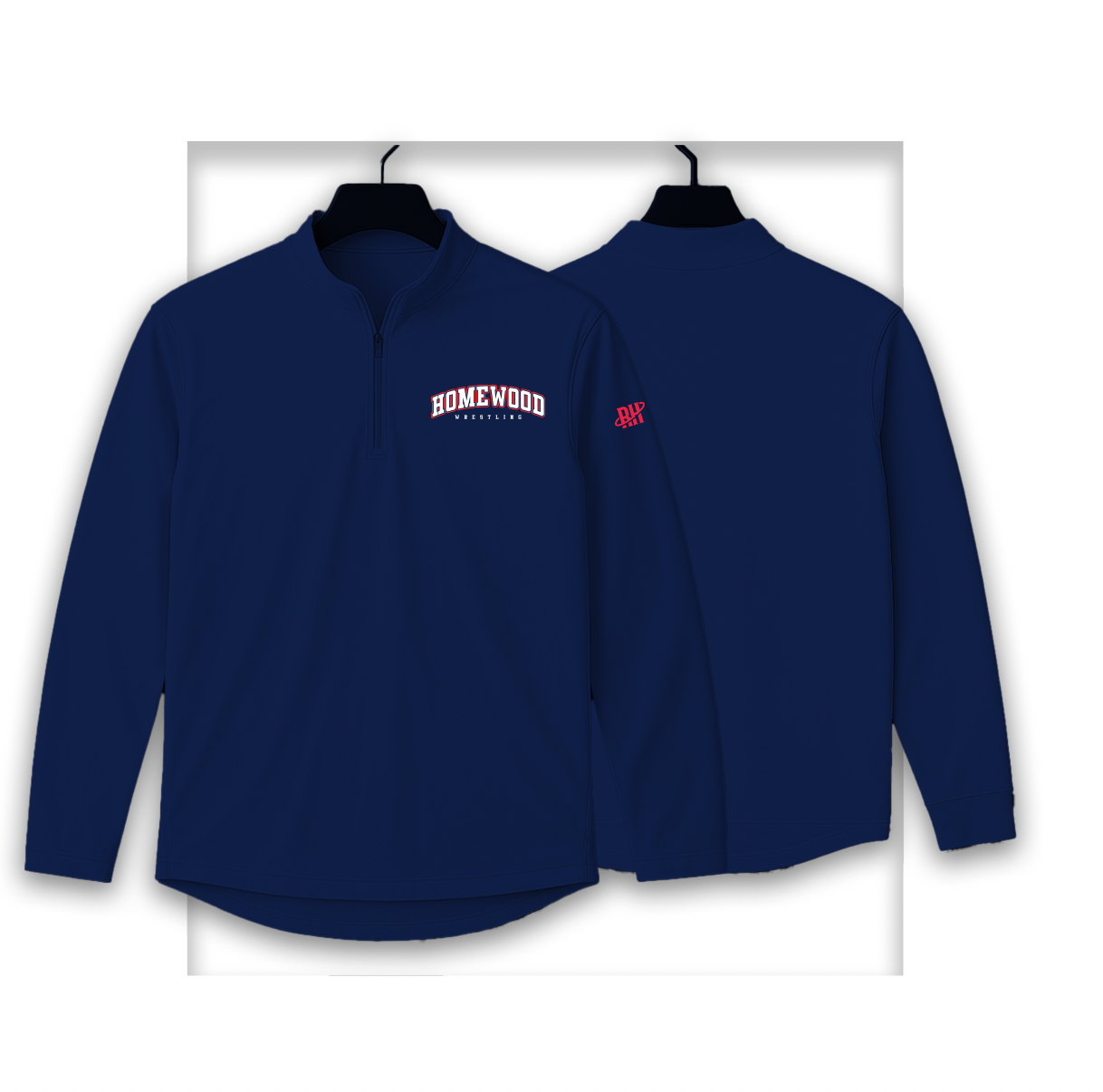 Navy blue custom Homewood youth wrestling quarterzip pullover with Homewood text